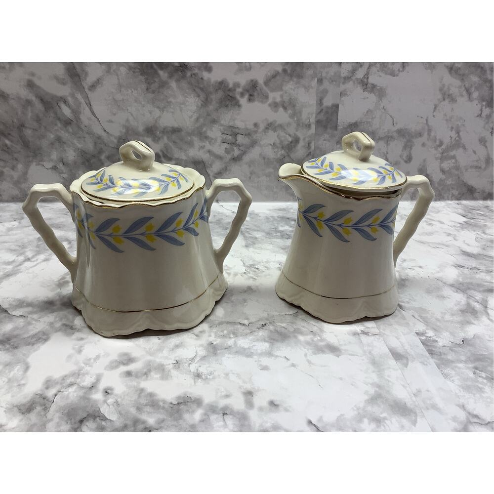 Vintage WS George Radisson Sugar Bowl & Creamer - YellowTulips w/blue leaves